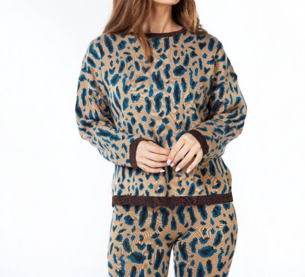 NEW ESQUALO maribel leopard sweater in camel/teal